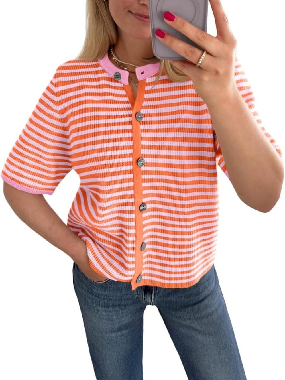 Chic Striped Short Sleeve Cardigan Sweater Top with Button Detail for Women